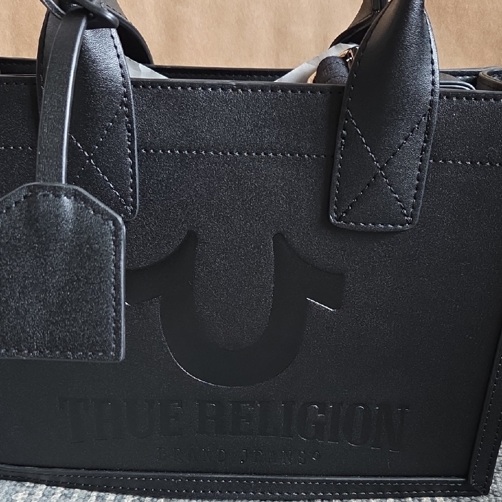 True Religion Black Leather Mini Tote with Embossed Logo